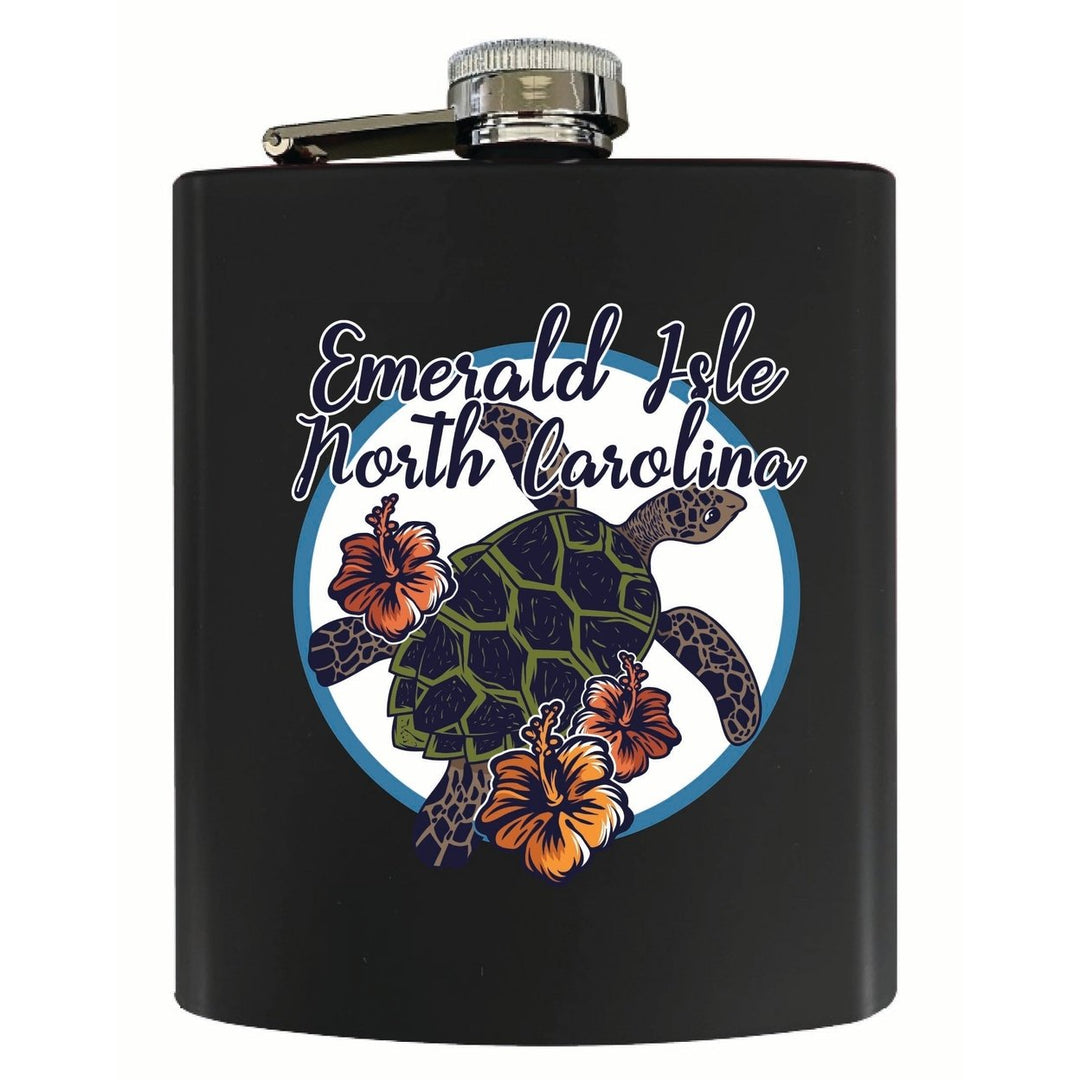 Emerald Isle North Carolina Turtle and Flowers Design Souvenir 7 oz Steel Flask Matte Finish Image 1