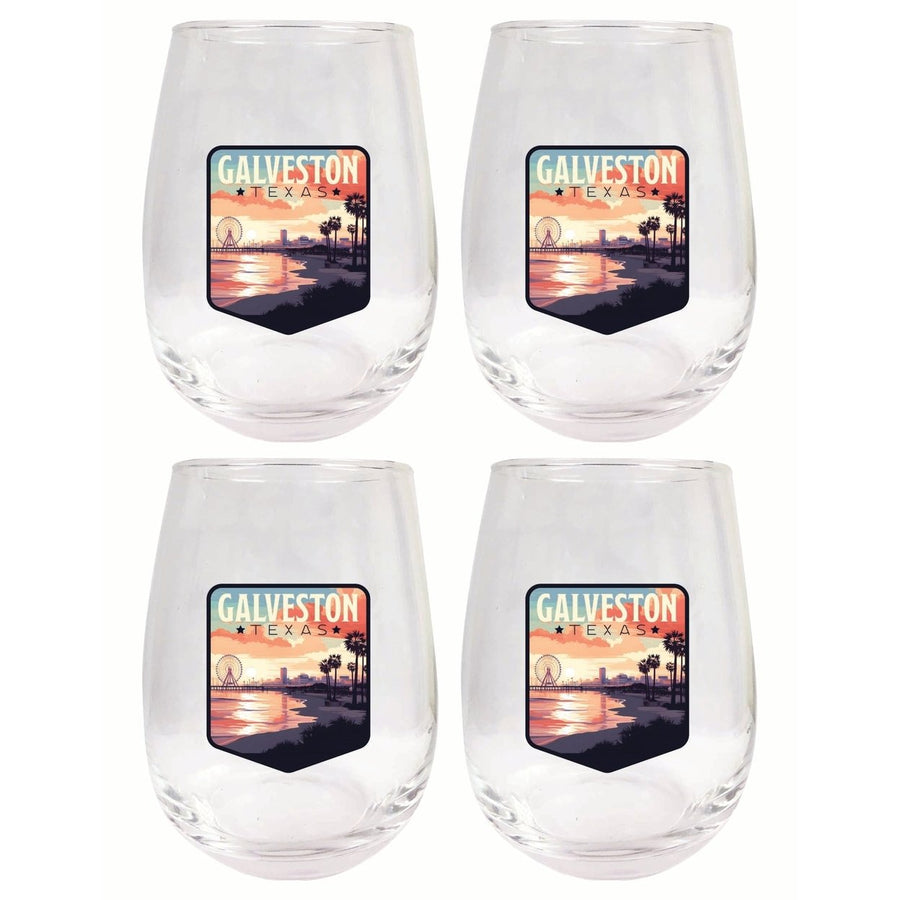 Galveston Texas Pleasure Pier Design Souvenir 15 oz Stemless Wine Glass 4-Pack Image 1