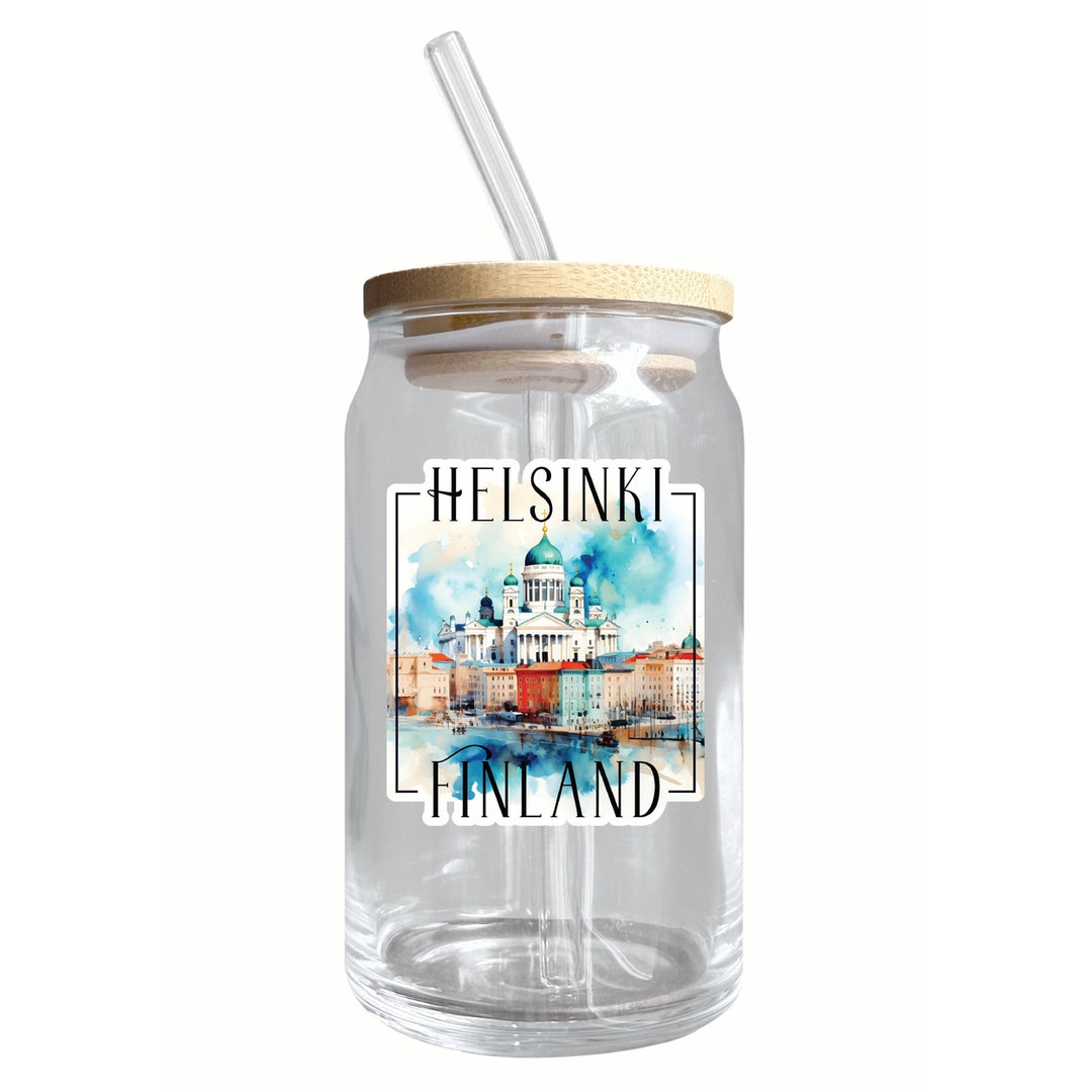 Helsinki Finland Watercolor Helsinki Cathedral Design Souvenir 12 oz Beer Can Glass Image 1