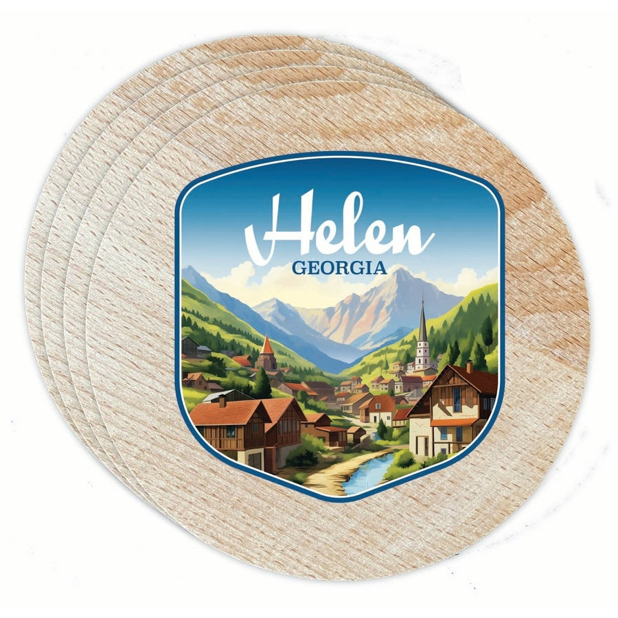 Helen Georgia Town in Mountains Design Souvenir Coaster Wooden 3.5 x 3.5-Inch 4 Pack Image 1