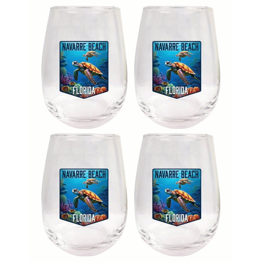 Navarre Beach Florida Underwater Turtle Design Souvenir 15 oz Stemless Wine Glass 4-Pack Image 1