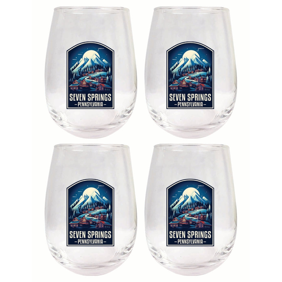 Seven Springs Pennsylvania Snowy Village Design Souvenir 15 oz Stemless Wine Glass 4-Pack Image 1