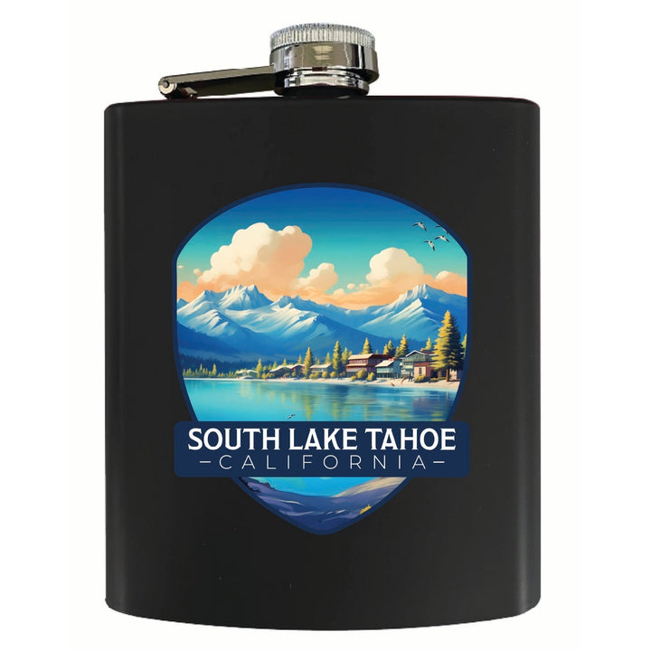 South Lake Tahoe Mountains over Lake Design Souvenir 7 oz Steel Flask Matte Finish Image 1