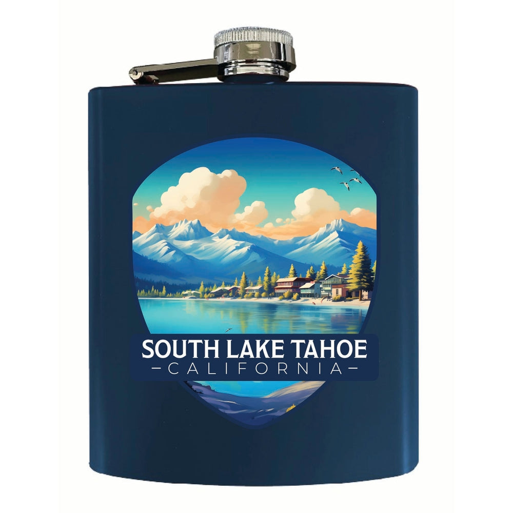 South Lake Tahoe Mountains over Lake Design Souvenir 7 oz Steel Flask Matte Finish Image 2