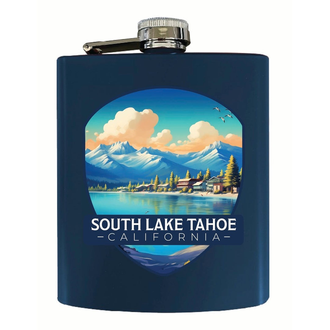 South Lake Tahoe Mountains over Lake Design Souvenir 7 oz Steel Flask Matte Finish Image 1