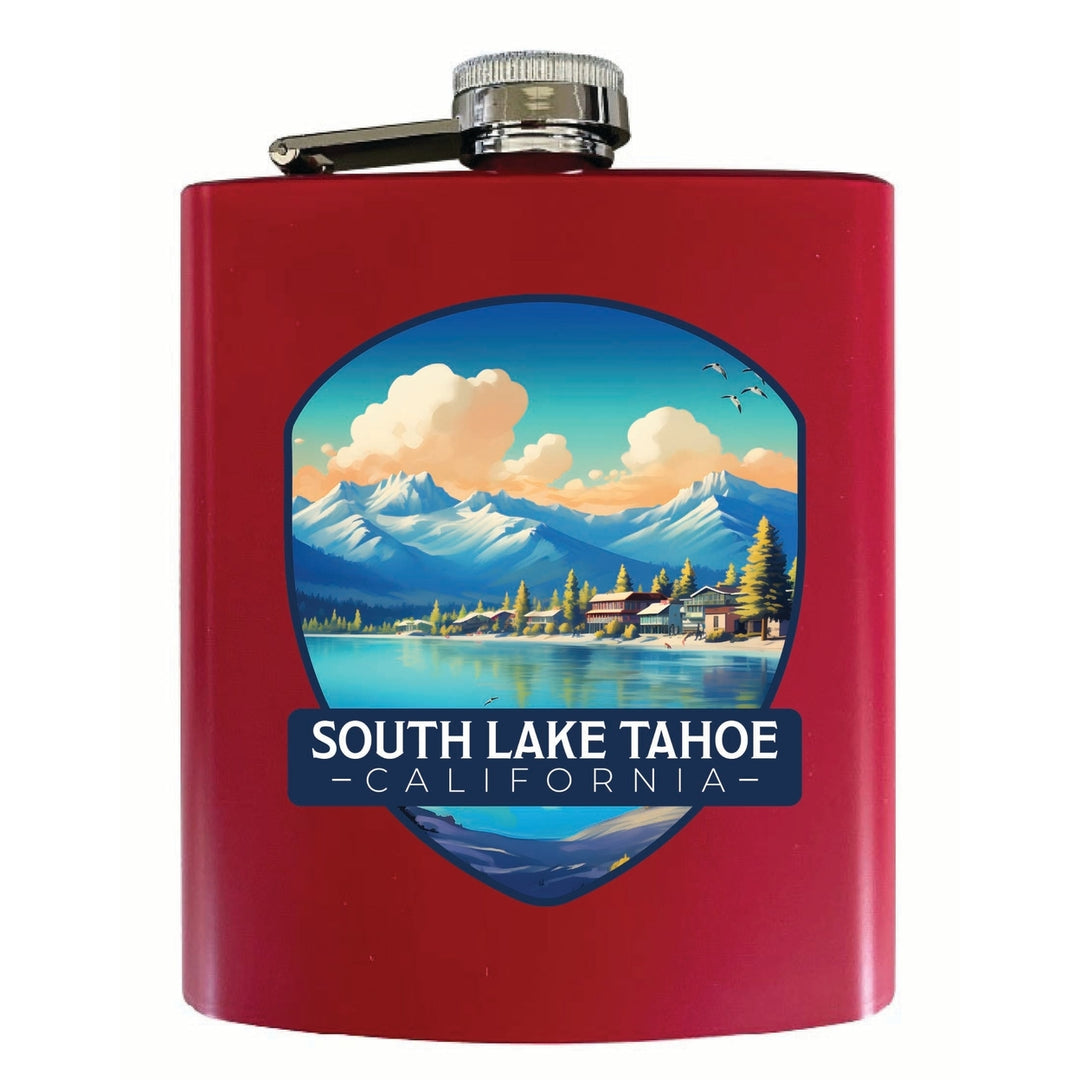 South Lake Tahoe Mountains over Lake Design Souvenir 7 oz Steel Flask Matte Finish Image 3