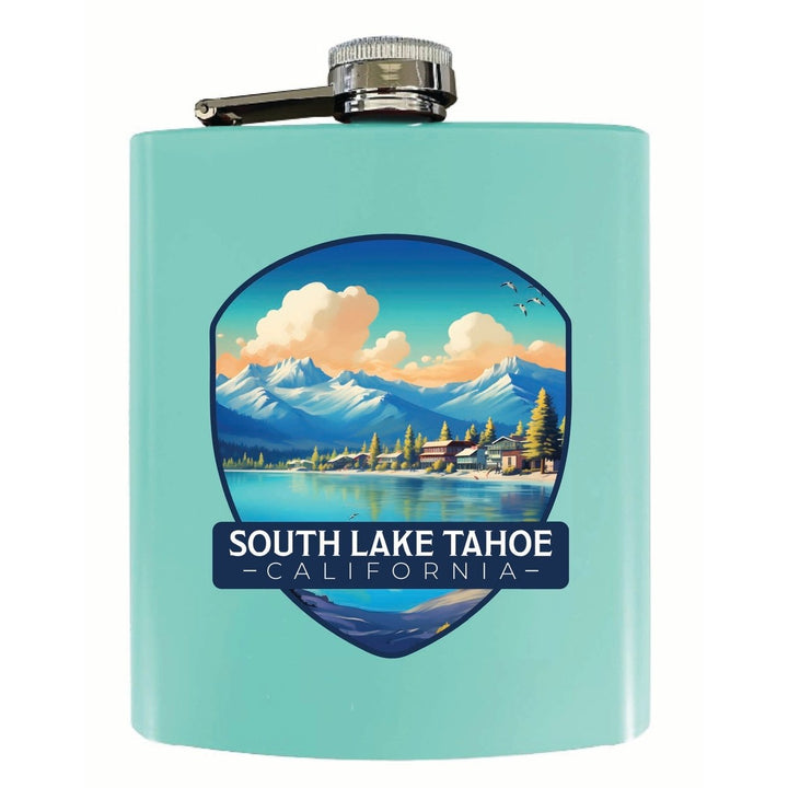 South Lake Tahoe Mountains over Lake Design Souvenir 7 oz Steel Flask Matte Finish Image 4