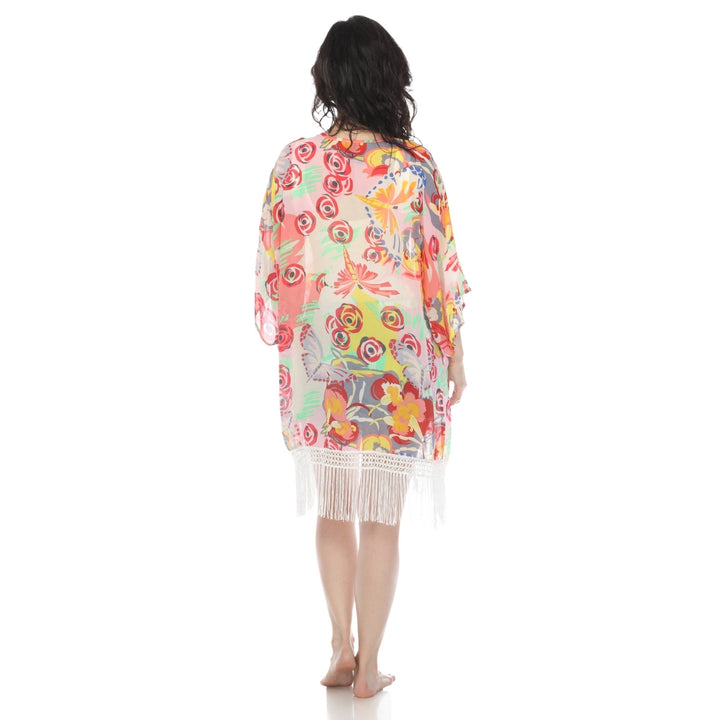 White Mark Womens Sheer Fringe Kimono Cover-Up Lightweight Polyester Summer Print Image 4