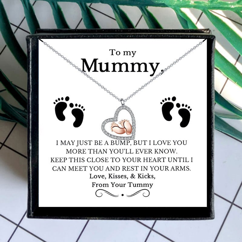 925 Silver Baby Feet Pendant Necklace with Crystal Heart Mom Gift Boxed 50cm Image 1