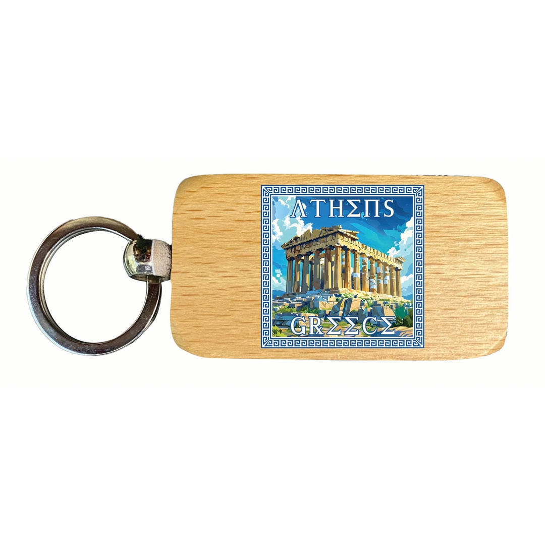 Athens Greece Acropolis in Meander Frame Design Souvenir 2.5x1-Inch Souvenir Wooden Keychain Image 1