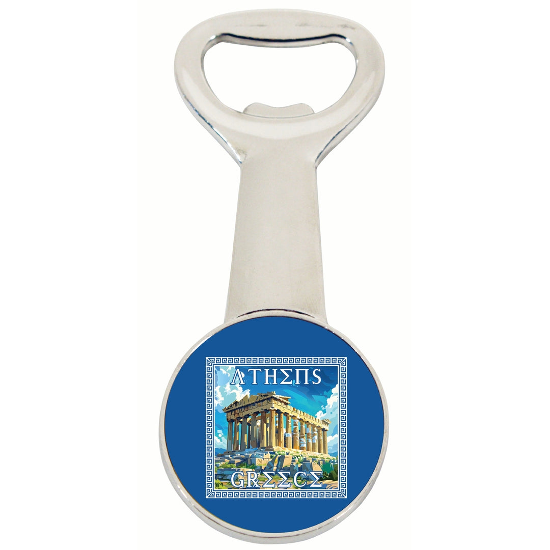 Athens Greece Acropolis in Meander Frame Design Souvenir Magnetic Bottle Opener Image 1