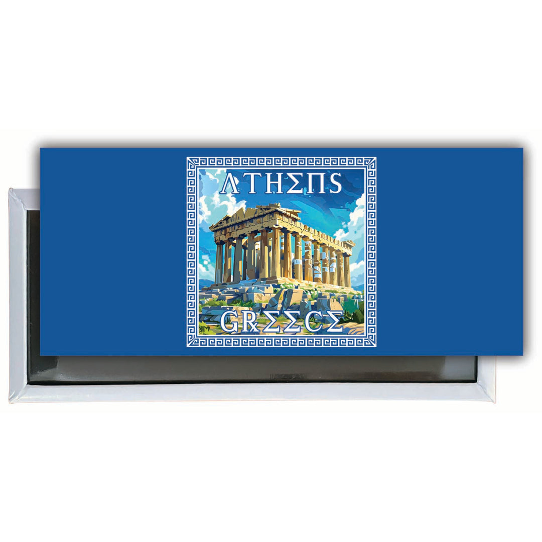 Athens Greece Acropolis in Meander Frame Design Souvenir Fridge Magnet 4.75 x 2 Inch Image 1