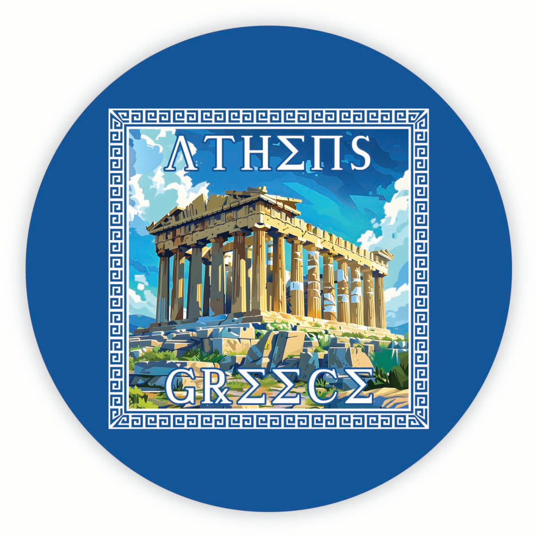 Athens Greece Acropolis in Meander Frame Design Souvenir Round Fridge Magnet Image 1