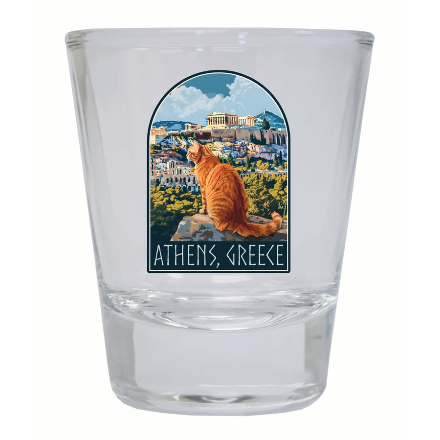 Athens Greece Cat Acropolis Design Souvenir 2 Ounce Shot Glass Round Image 1