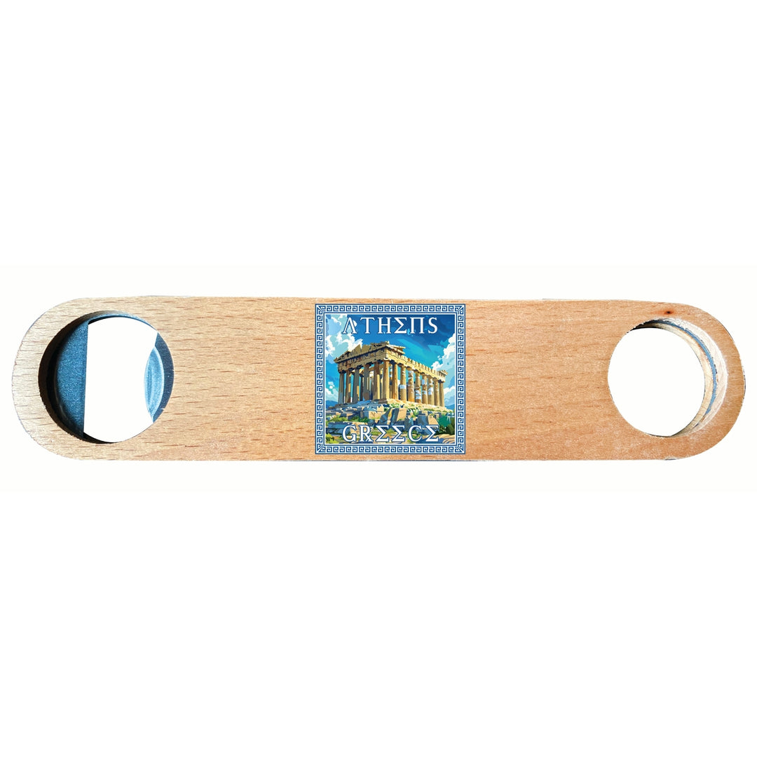 Athens Greece Acropolis in Meander Frame Design Souvenir Wooden Bottle Opener Image 1