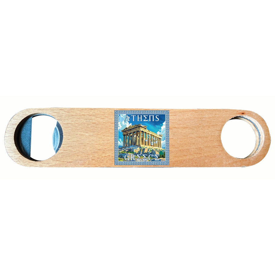 Athens Greece Acropolis in Meander Frame Design Souvenir Wooden Bottle Opener Image 1