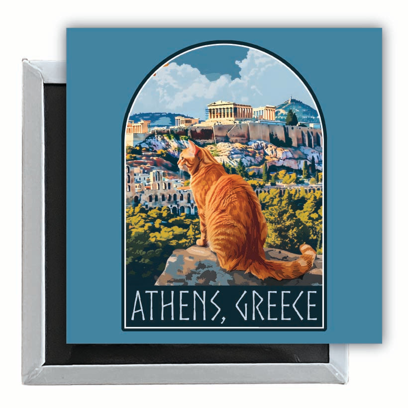 Athens Greece Cat Acropolis Design Souvenir 2.5 x 2.5-Inch Fridge Magnet Image 1