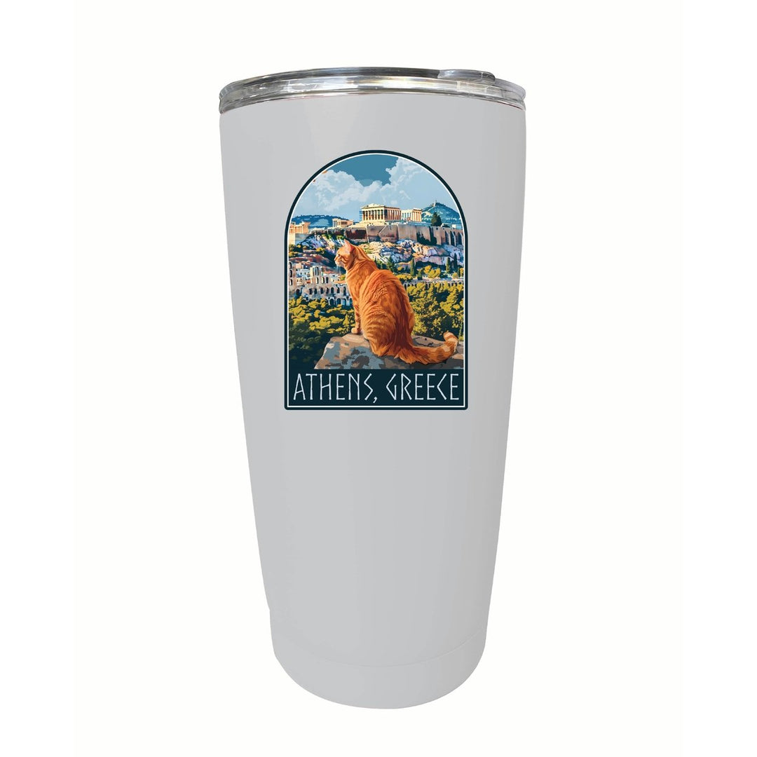 Athens Greece Cat Acropolis Design Souvenir 16 oz Stainless Steel Insulated Tumbler Image 1