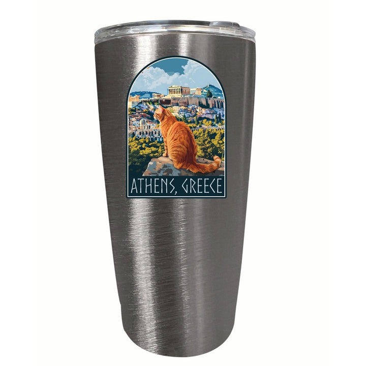 Athens Greece Cat Acropolis Design Souvenir 16 oz Stainless Steel Insulated Tumbler Image 1