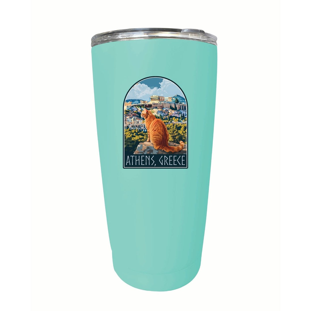 Athens Greece Cat Acropolis Design Souvenir 16 oz Stainless Steel Insulated Tumbler Image 1