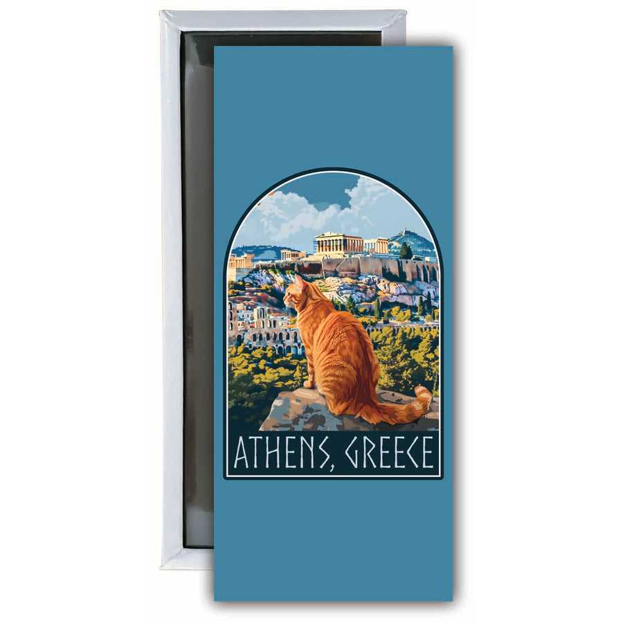 Athens Greece Cat Acropolis Design Souvenir Fridge Magnet 4.75 x 2 Inch Image 1