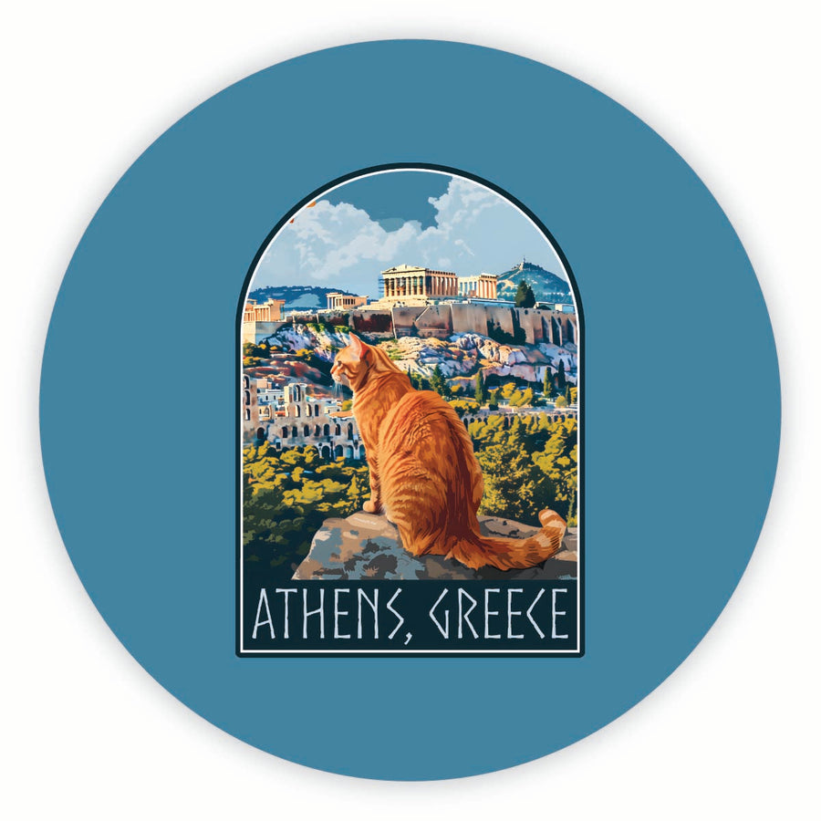 Athens Greece Cat Acropolis Design Souvenir Round Fridge Magnet Image 1