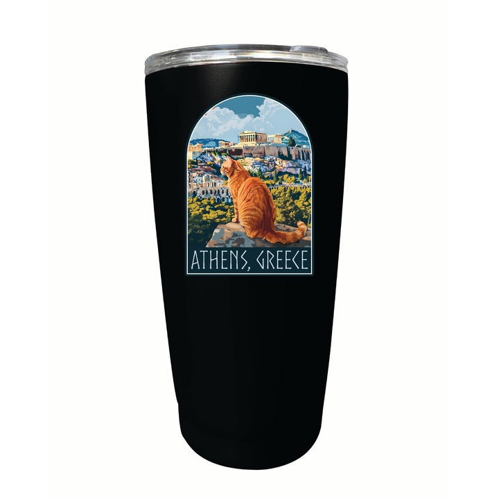 Athens Greece Cat Acropolis Design Souvenir 16 oz Stainless Steel Insulated Tumbler Image 1