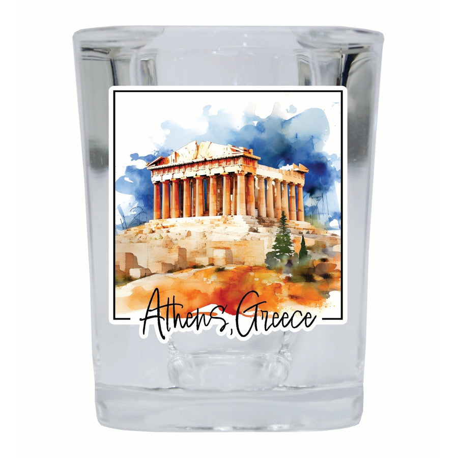 Athens Greece Watercolor Acropolis Design Souvenir 2 Ounce Shot Glass Square Image 1