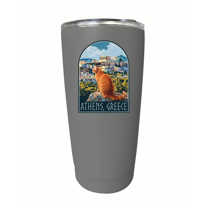 Athens Greece Cat Acropolis Design Souvenir 16 oz Stainless Steel Insulated Tumbler Image 1