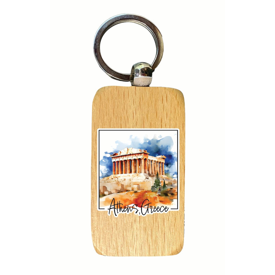 Athens Greece Watercolor Acropolis Design Souvenir 2.5x1-Inch Souvenir Wooden Keychain Image 1