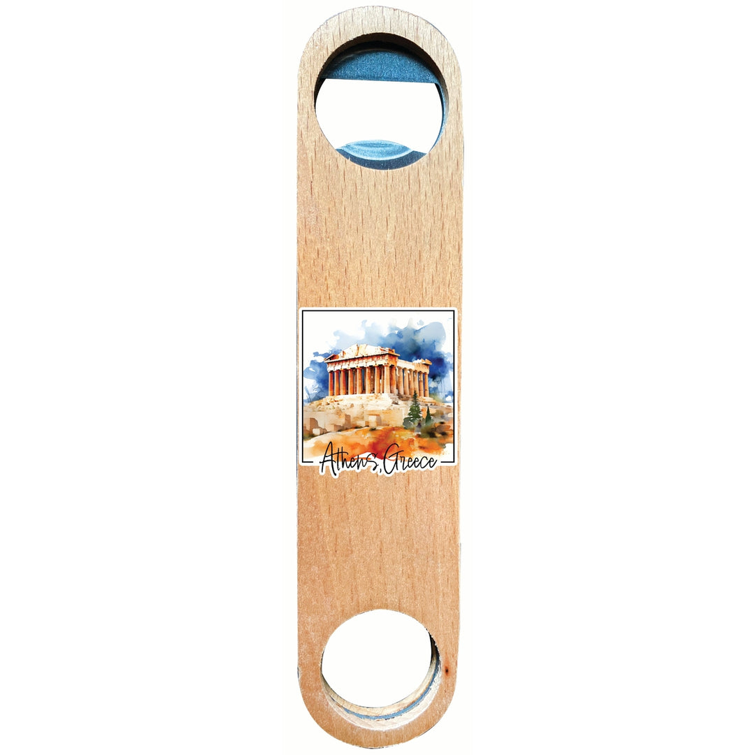 Athens Greece Watercolor Acropolis Design Souvenir Wooden Bottle Opener Image 1