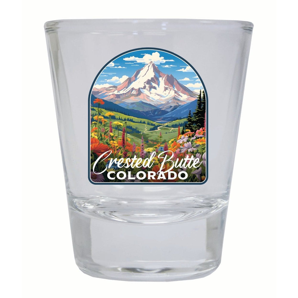 Crested Butte Mountain Colorado Wildflowers Design Souvenir 2 Ounce Shot Glass Round Image 2