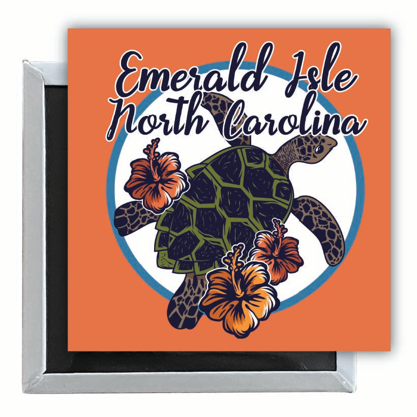 Emerald Isle North Carolina Turtle and Flowers Design Souvenir 2.5 x 2.5-Inch Fridge Magnet Image 1