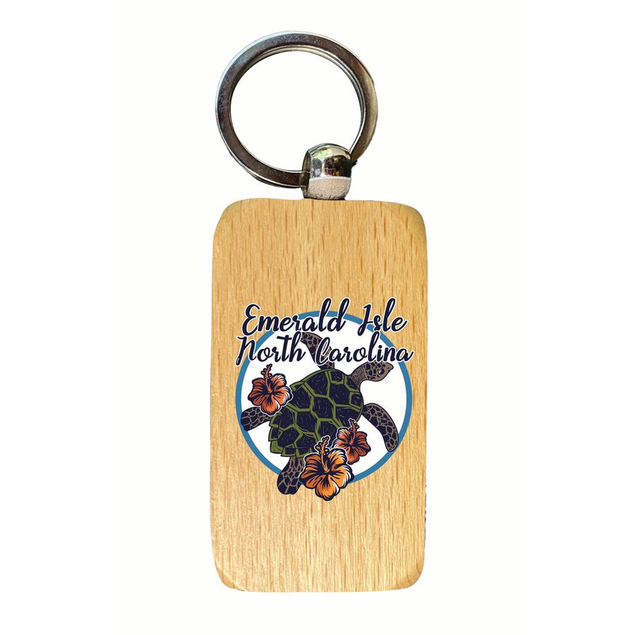 Emerald Isle North Carolina Turtle and Flowers Design Souvenir 2.5x1-Inch Souvenir Wooden Keychain Image 1