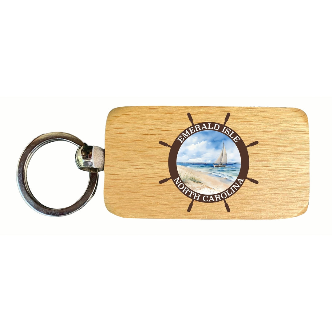 Emerald Isle North Carolina Nautical Helm Design Souvenir 2.5x1-Inch Souvenir Wooden Keychain Image 1