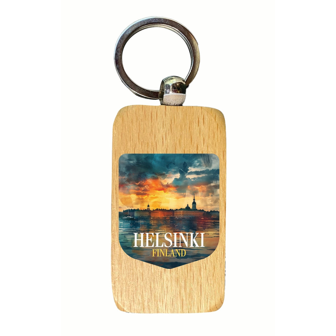 Helsinki Finland Sunset Cityscape Design Souvenir 2.5x1-Inch Souvenir Wooden Keychain Image 1