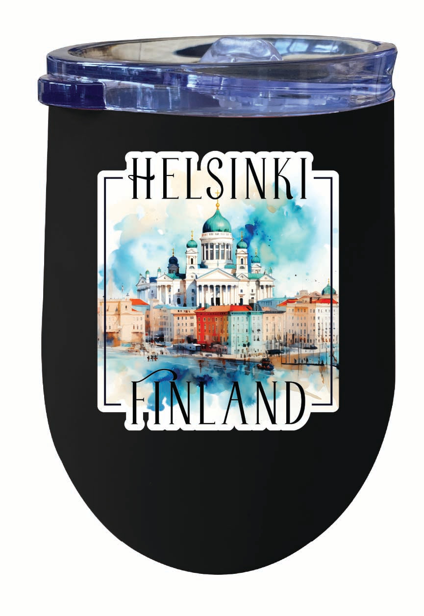 Helsinki Finland Watercolor Helsinki Cathedral Design Souvenir 12 oz Insulated Wine Stainless Steel Tumbler Image 1