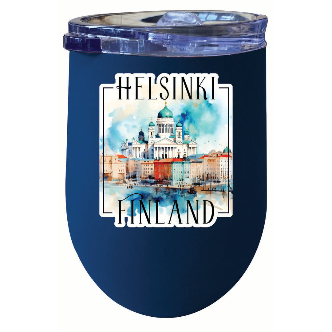 Helsinki Finland Watercolor Helsinki Cathedral Design Souvenir 12 oz Insulated Wine Stainless Steel Tumbler Image 3