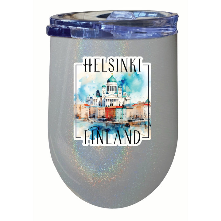 Helsinki Finland Watercolor Helsinki Cathedral Design Souvenir 12 oz Insulated Wine Stainless Steel Tumbler Image 4