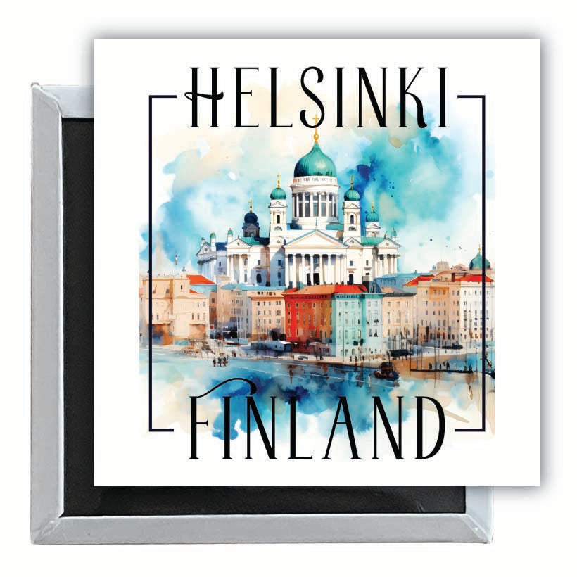 Helsinki Finland Watercolor Helsinki Cathedral Design Souvenir 2.5 x 2.5-Inch Fridge Magnet Image 1