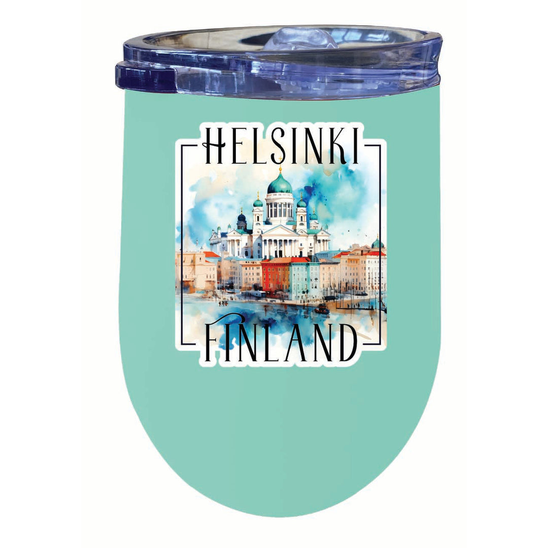 Helsinki Finland Watercolor Helsinki Cathedral Design Souvenir 12 oz Insulated Wine Stainless Steel Tumbler Image 4