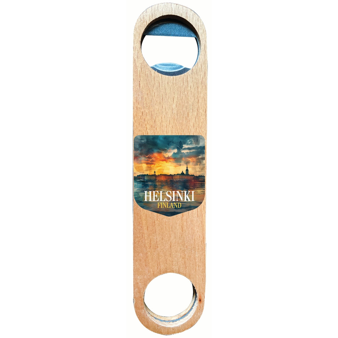 Helsinki Finland Sunset Cityscape Design Souvenir Wooden Bottle Opener Image 1