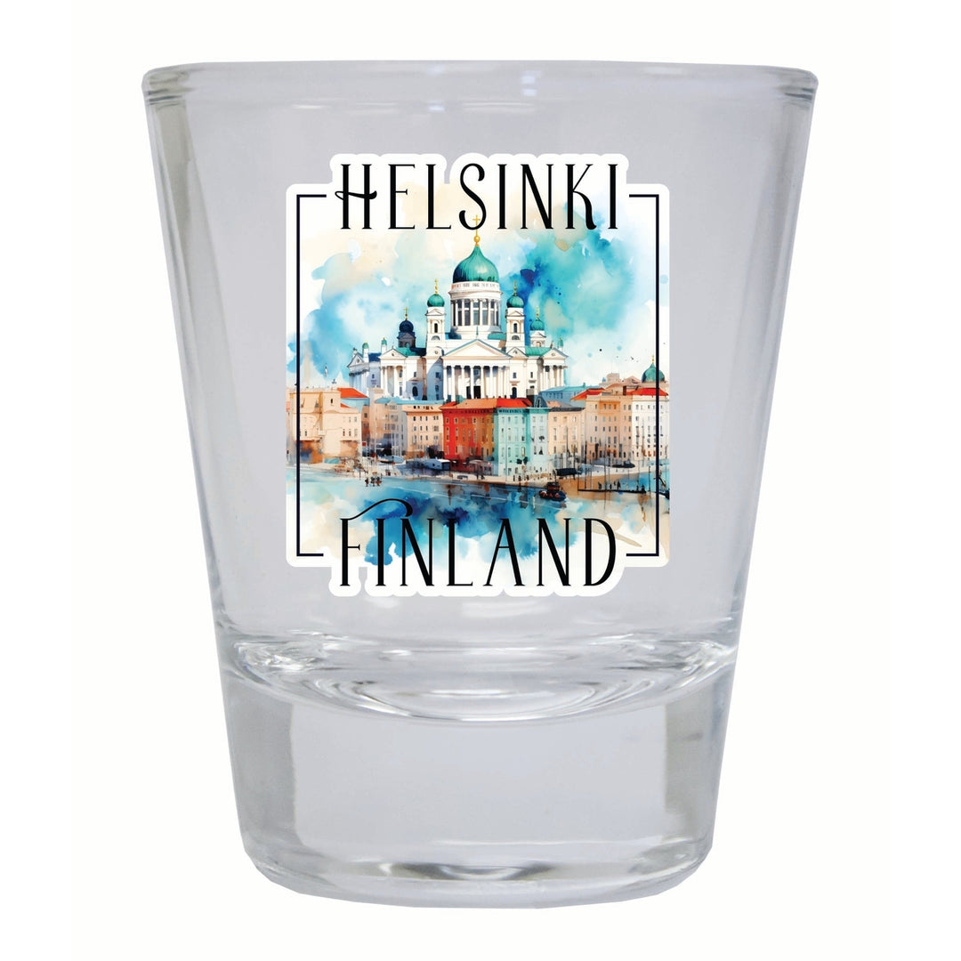 Helsinki Finland Watercolor Helsinki Cathedral Design Souvenir 2 Ounce Shot Glass Round Image 3