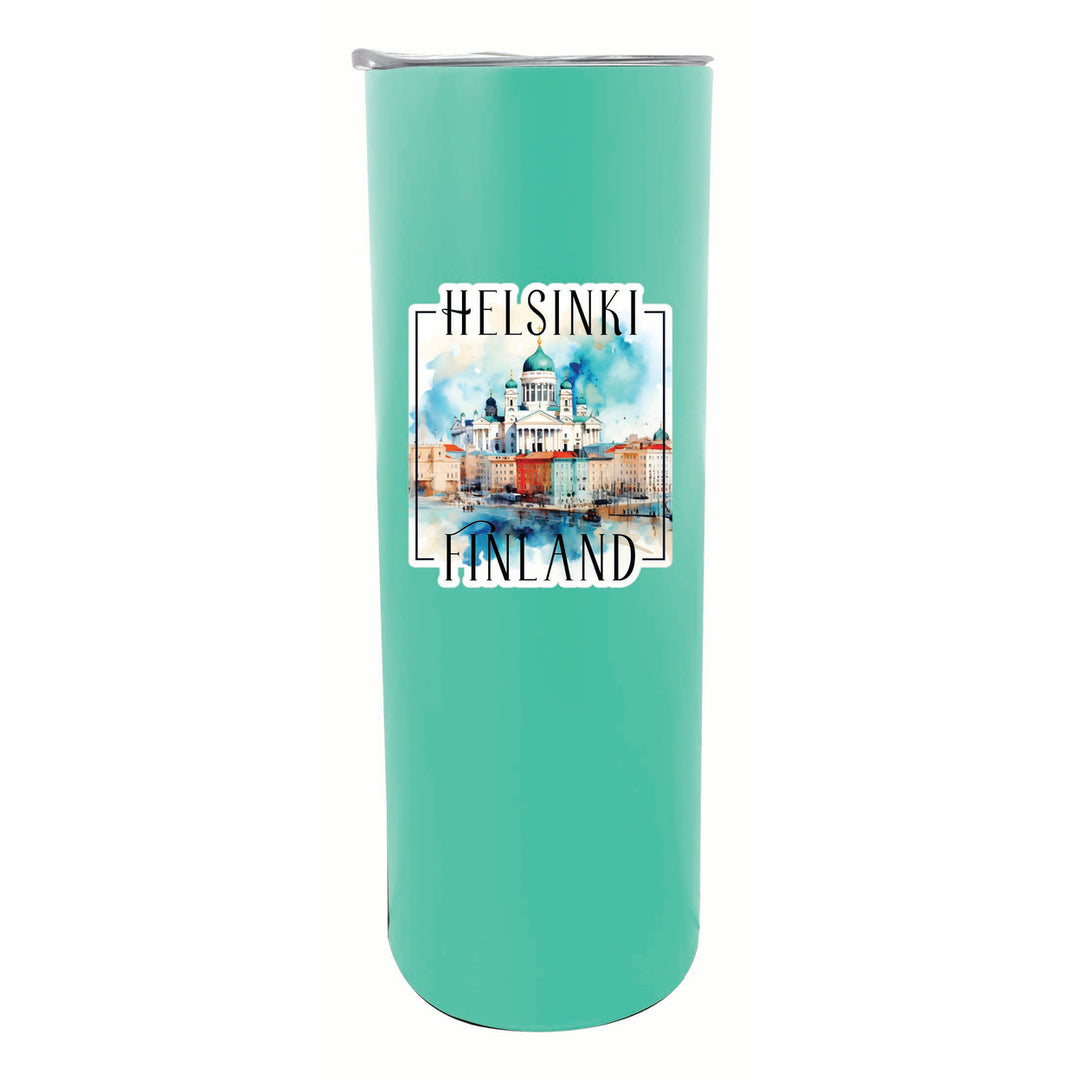 Helsinki Finland Watercolor Helsinki Cathedral Design Souvenir 20 oz Insulated Stainless Steel Skinny Tumbler Image 1