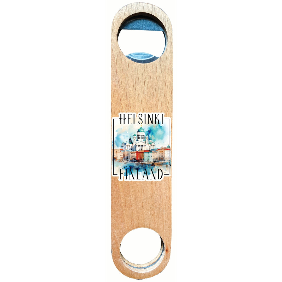 Helsinki Finland Watercolor Helsinki Cathedral Design Souvenir Wooden Bottle Opener Image 1