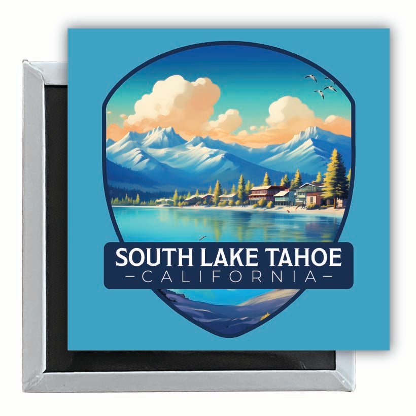 South Lake Tahoe Mountains over Lake Design Souvenir 2.5 x 2.5-Inch Fridge Magnet Image 1