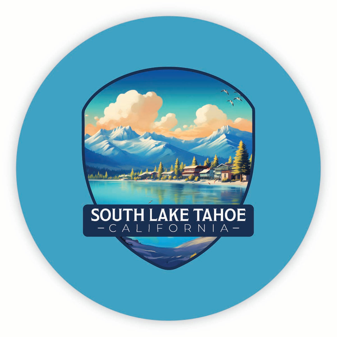 South Lake Tahoe Mountains over Lake Design Souvenir Round Fridge Magnet Image 1