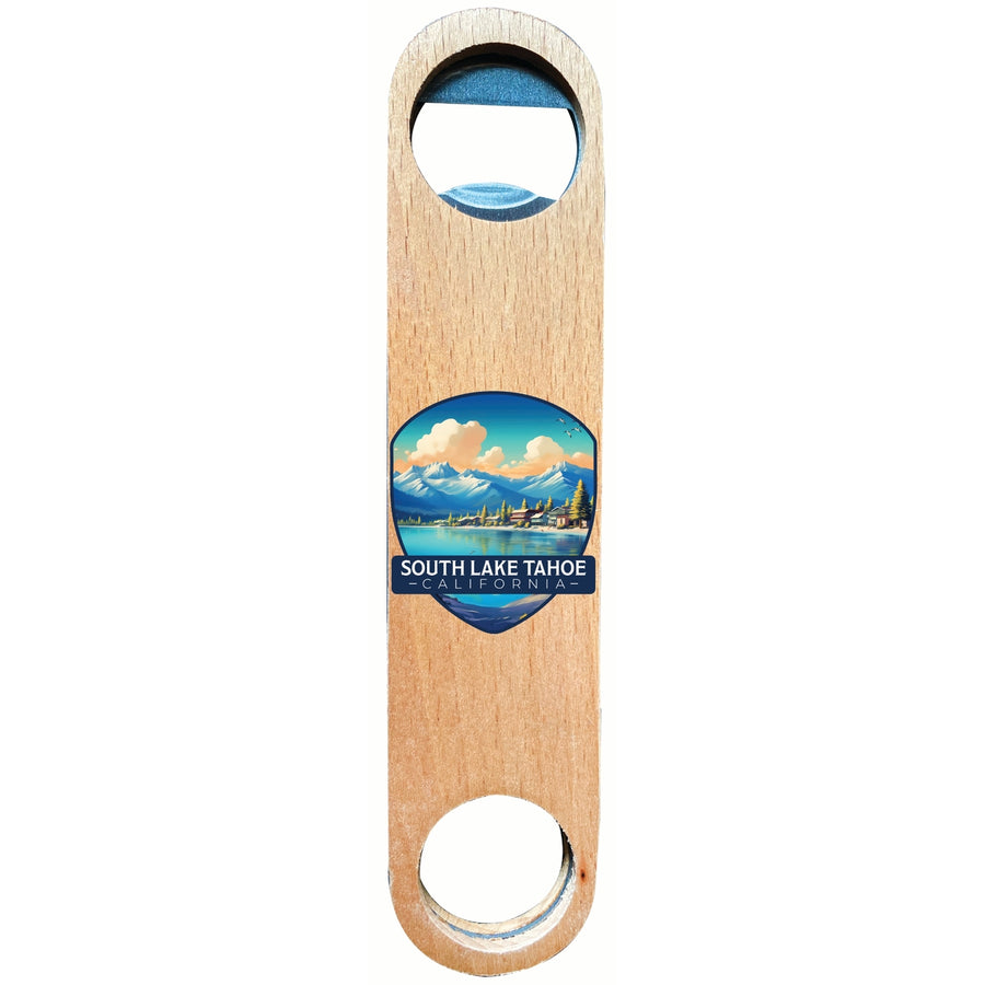 South Lake Tahoe Mountains over Lake Design Souvenir Wooden Bottle Opener Image 1