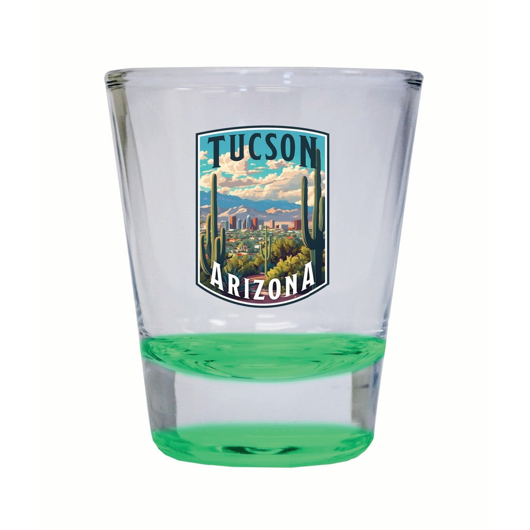 Tucson Arizona Cactus and Cityscape Design Souvenir 2 Ounce Shot Glass Round Image 3