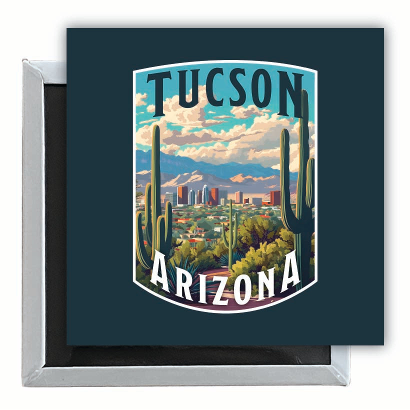 Tucson Arizona Cactus and Cityscape Design Souvenir 2.5 x 2.5-Inch Fridge Magnet Image 1